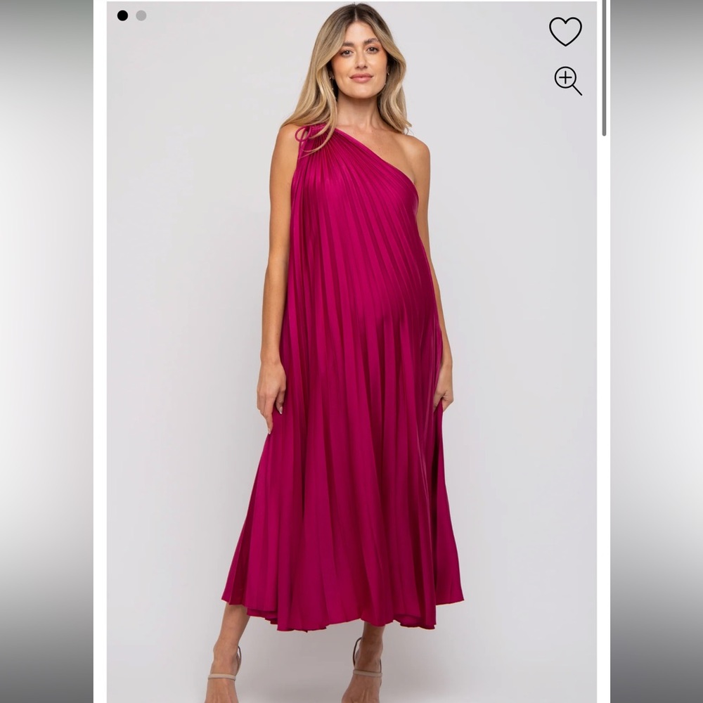 PinkBlush Magenta Satin Pleated One Shoulder Maternity Midi Dress